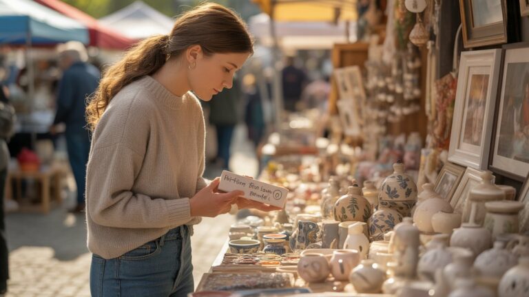 Galvojanti dukra, pasirinkusi asmenines dovanas iš „Artisan Market“ kioskų, užpildytų rankomis pagaminta keramika, paveikslais ir pomėgių reikmenimis, auksinės valandos apšvietimu, fotorealistiniu dokumentiniu stiliumi su šiltais žemės tonais.