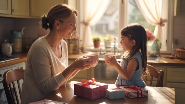 Širdies miela motinos ir dukters akimirka dalijasi arbata „Sunlit“ virtuvėje, kruopščiai apvyniotos dovanos ant medinio stalo, švelniai ryto šviesa, transliuojama per nėrinių užuolaidas, fotorealistinis šeimos portreto stilius.