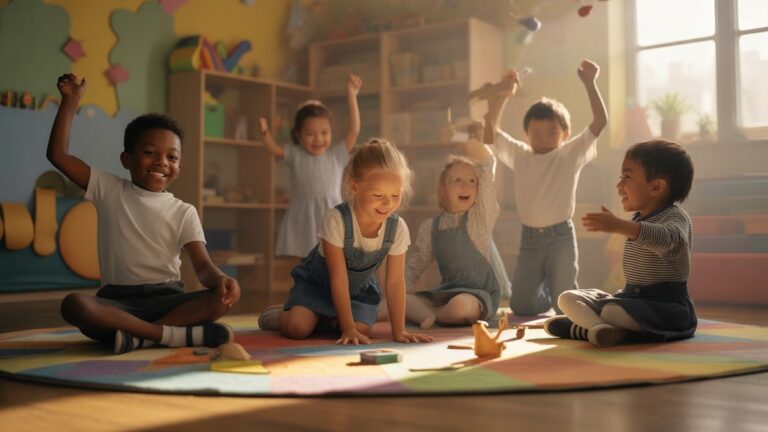 Dinamiškas, saulės apšviestas kambarys, pripildytas kelių mokyklinio amžiaus vaikų (7–12), džiaugsmingai tyrinėjant naujas koncepcijas su edukaciniais žaislais ir kūrybinėmis priemonėmis. Fotorealistinis, platus kadras, šilta šviesa.