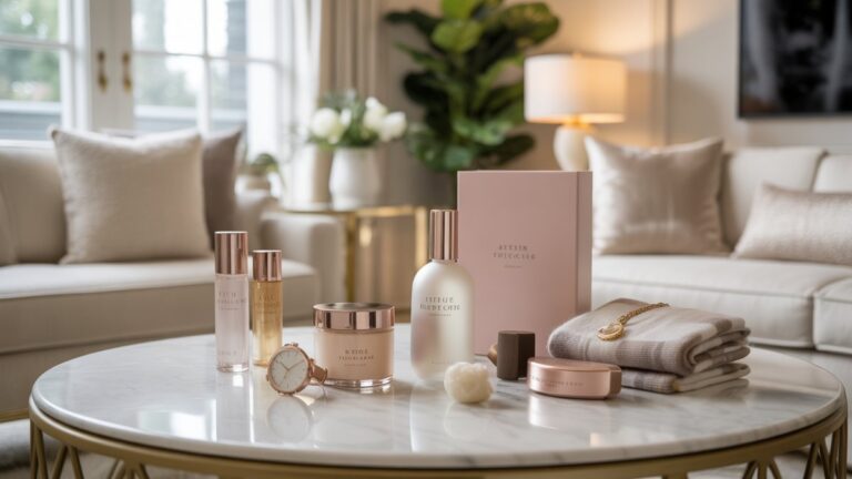 Puikiai kuruojamas modernių, įvairių daiktų demonstravimas, užuomina apie apgalvotas dovanas moterims - prabangi odos priežiūra, klasikinis laikrodis, kašmyro metimas - elegantiškai išdėstytas ant marmurinio paviršiaus saulės spinduliuose, rafinuotoje gyvenamojoje erdvėje, fotorealistiniame, plačiame šūvyje.