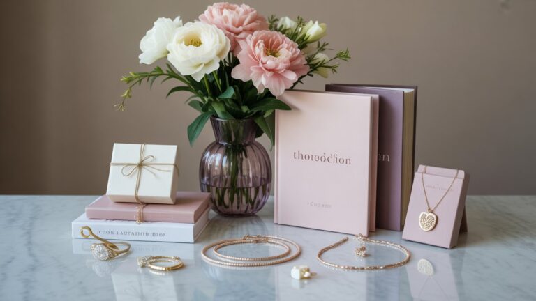 Gražiai išdėstyta apgalvotų dovanų kolekcija moterims, eksponuojamos ant marmurinio paviršiaus, minkšto difuzinio apšvietimo, elegantiškų papuošalų, gėlių, knygų, amatininkų daiktų, sudėtingos kompozicijos, fotorealistinio stiliaus.