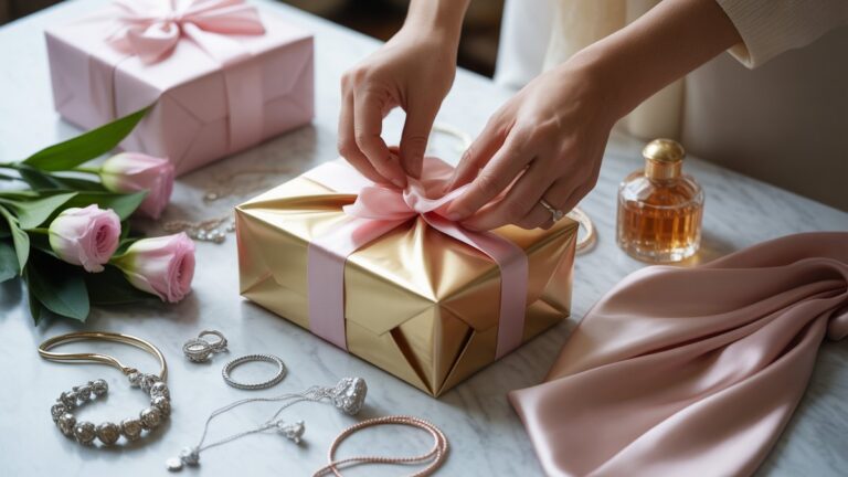 Elegantiškos moters rankos subtiliai išlaisvinančios gražiai suvyniotas dovanas, apsuptas išsibarsčiusių papuošalų, gėlių, kvepalų butelių ir šilko šalikų ant marmuro paviršiaus, minkšto natūralaus apšvietimo, fotorealistinės kompozicijos.