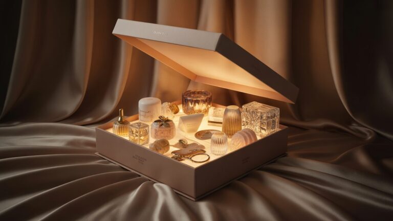 Prabangi, atvira dovanų dėžutė, skleidžianti šiltą, minkštą švytėjimą, kuris subtiliai apšviečia įvairius elegantiškus, iš dalies atskleistus daiktus. Fotorealistinis, platus kadras, kviečianti atmosfera.