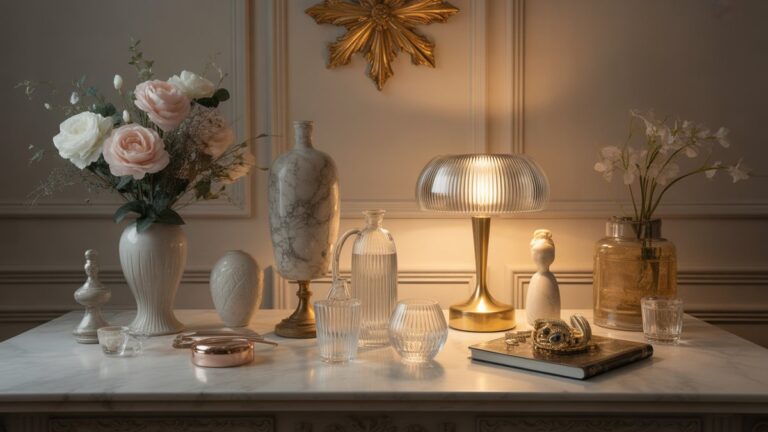 Išskirtinis, fotorealistinis ekranas, kuriame demonstruojama įvairi elegantiškų daiktų kolekcija, kiekvienas subtiliai atspindi atskirą moterišką hobį ar rafinuotą stilių, maudomą šiltai, kviečiančiai šviesai.