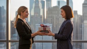 Elegantiška verslininkė, pristatanti prabangių dovanų dėžę kolegai moterims, stiklinėje sienos biurų bokšte, „City Skyline“ fone, „Auksinės valandos“ apšvietimu, fotorealistiniu korporatyviniu rafinuotumu.