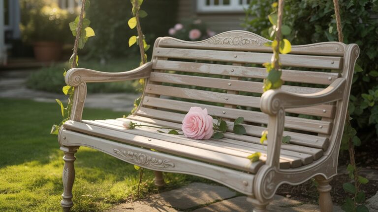 Realus platus elegantiško, gerai nešiojamo medinio sūpynės suolelio, puoštos subtiliai susipynusiomis gebenėmis, kadras ir viena, subtili ilgo stiebo rožė. Įsikūręs žavaus kotedžo sodo kampelyje, švelni auksinės valandos šviesa sukelia ilgalaikę meilę.