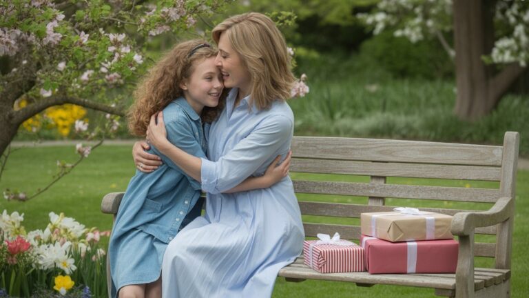 Graži motina ir suaugusi dukra dalijasi švelniu apkabinimu „Sunlit Garden“, apsupta žydinčių pavasarinių gėlių ir apvyniotų dovanų ant kaimiško medinio suoliuko, minkšto natūralaus apšvietimo, fotorealistinio šeimos portreto.