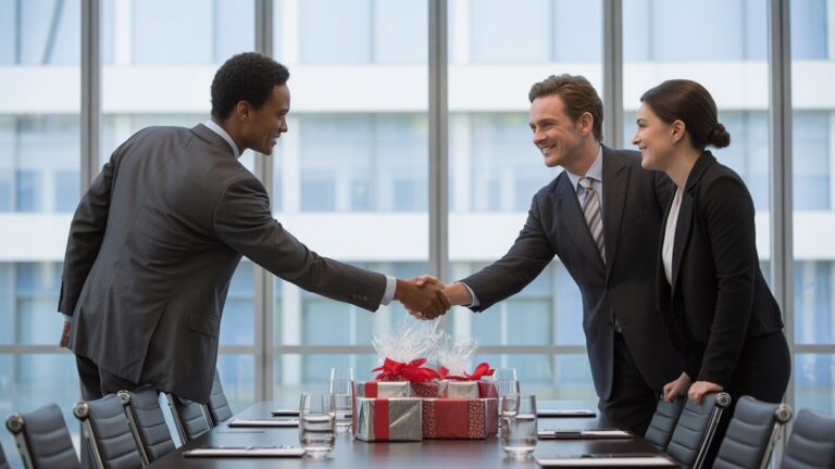 Šiltas rankos paspaudimas tarp įvairių verslo profesionalų su elegantiškomis apvyniotomis dovanomis, išdėstytomis ant šiuolaikinio konferencijų stalo, minkšto natūralaus apšvietimo pro langus nuo grindų iki lubų, fotorealistinės partnerystės pradžia atmosfera.
