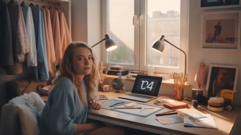 Šiuolaikiški paauglių miegamasis su stilingais mados daiktais, madingi technikos prietaisai ir meniniai reikmenys, išsibarstę ant stalo, šiltas auksinis valandos apšvietimas, transliuojamas pro langą, fotorealistinė šiuolaikinio jaunimo gyvenimo būdo scena.