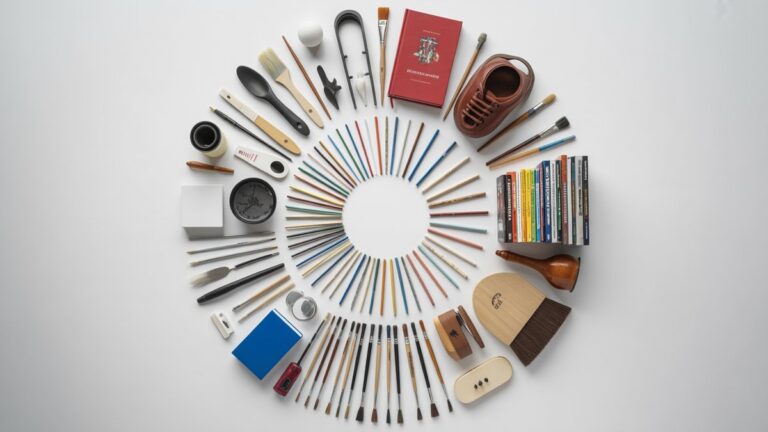 Įvairių pomėgių daiktų vaizdas, dailiai išdėstytas spiralės modelyje - dažų šepetėliai, sportinė įranga, muzikos instrumentai, knygos, amatininkų įrankiai - baltame fone, studijos apšvietimu, fotorealistinės gaminių fotografija.