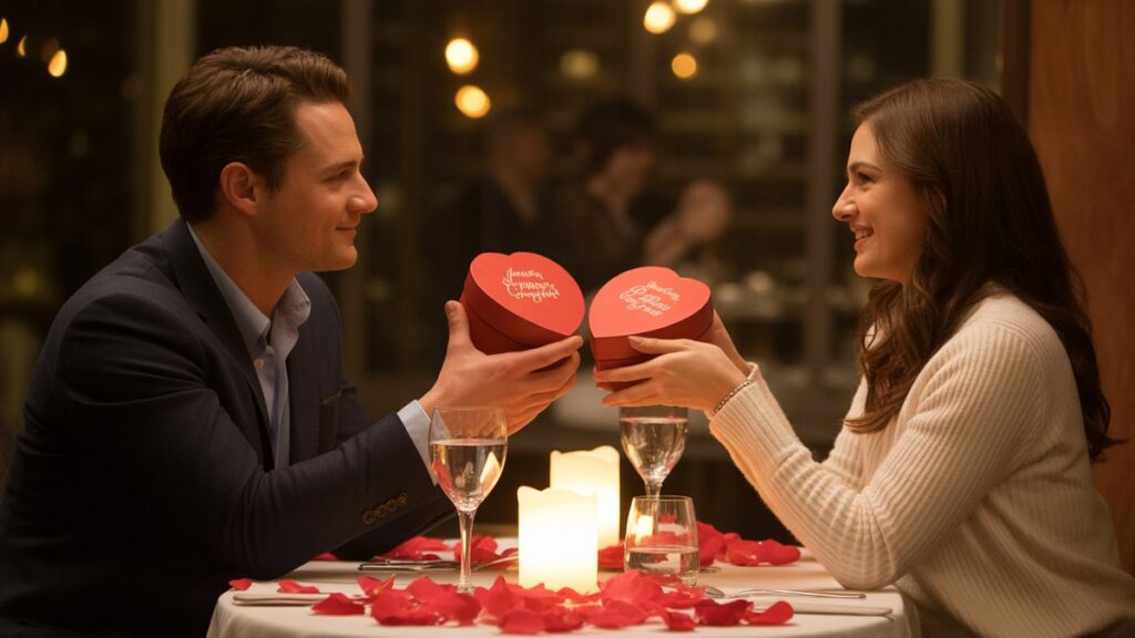 Romantiška pora, keičiantis širdies formos dovanų dėžutėmis žvakių restoranų aplinkoje, Valentino dienos atmosfera su rožių žiedlapiais, išsibarsčiusiomis aplink stalą, šiltas gintaro apšvietimas, fotorealistinis kino stilius.