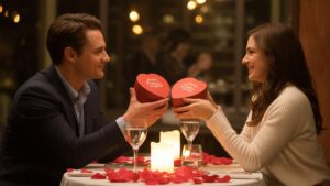 Romantiška pora, keičiantis širdies formos dovanų dėžutėmis žvakių restoranų aplinkoje, Valentino dienos atmosfera su rožių žiedlapiais, išsibarsčiusiomis aplink stalą, šiltas gintaro apšvietimas, fotorealistinis kino stilius.