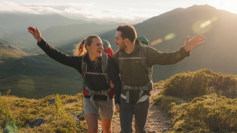Džiaugsminga pora, tyrinėjanti vaizdingą naują pėsčiųjų taką, dėvintį atitinkamą nuotykių įrankį, išsimaudytą „Auksinės valandos“ saulės šviesoje, vešliame kalnų kraštovaizdyje. Hiperrealistinis, platus kadras.