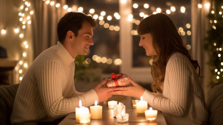 Romantiška pora keičiasi apgalvotomis dovanomis po styginių žibintais intymiomis žvakių apšvietimu, minkštu šiltu auksiniu apšvietimu, fotorealistiniu, svajingu atmosferos bokeh fone.