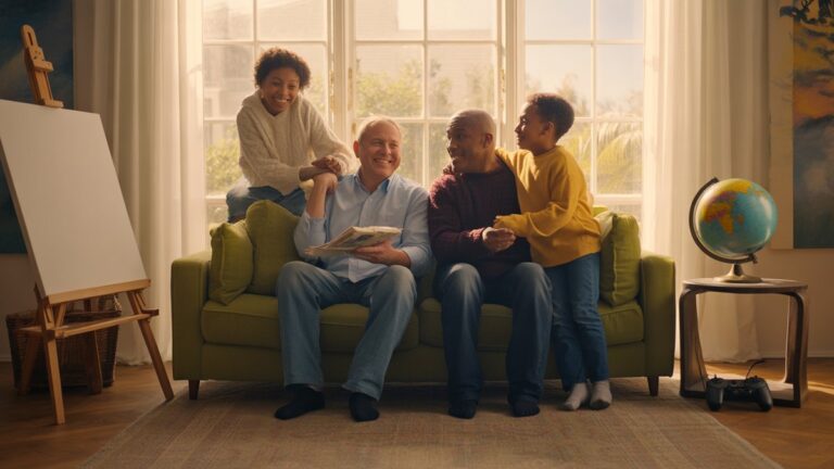 Įvairi, daugiapakopė šeima, mielai bendraujanti šiltoje, saulės apšviestoje gyvenamojoje erdvėje, apsupta subtilių įvairių pomėgių užuominų: pusiau dažyta drobė, kelionių rutulys, žaidimų kontrolierius. Fotorealistinis, platus kadras, kviečianti atmosfera.