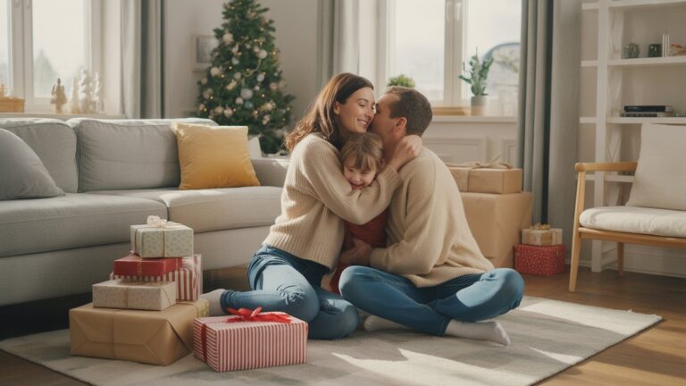 Jaukus, saulės apšviestas šiuolaikiškas namų interjeras, motina, tėvas ir vaikas, dalijantis džiaugsmingu apkabinimu, su įvairiomis, gražiai suvyniotomis dovanomis, kurios yra atsargiai išdėstytos. Fotorealistinis, minkštas, kviečiantis natūrali šviesa, platus kadras.