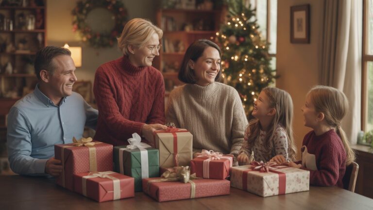 Platus, fotorealistinis daugialypės kartos šeimos, dalijantis šiltu juoku aplink jaukų stalą, su įvairiomis, apgalvotai suvyniotomis dovanomis, subtiliai integruotomis į kviečiančią sceną „Soft Aplinkos šviesa“.