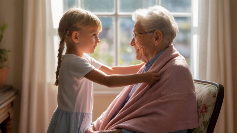 Švelnus kartų momentas: anūkas švelniai apnuogina šiltą skara virš vyresnysis prie saulės apšviesto lango, perteikdamas komfortą ir priežiūrą. Fotorealistinis, minkštas, šiltas šviesa, platus kadras.