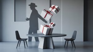 Elegantiškos dovanų dėžutės, plūduriuojančios nesvaruose aukščiau šiuolaikiško minimalistinio stalo su rafinuotu tėvo figūros siluetu fone, minkštu studijos apšvietimu, fotorealistiniu komercinės fotografijos stiliumi su šauniais sidabriniais tonais.