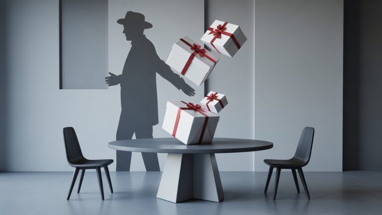 Elegantiškos dovanų dėžutės, plūduriuojančios nesvaruose aukščiau šiuolaikiško minimalistinio stalo su rafinuotu tėvo figūros siluetu fone, minkštu studijos apšvietimu, fotorealistiniu komercinės fotografijos stiliumi su šauniais sidabriniais tonais.