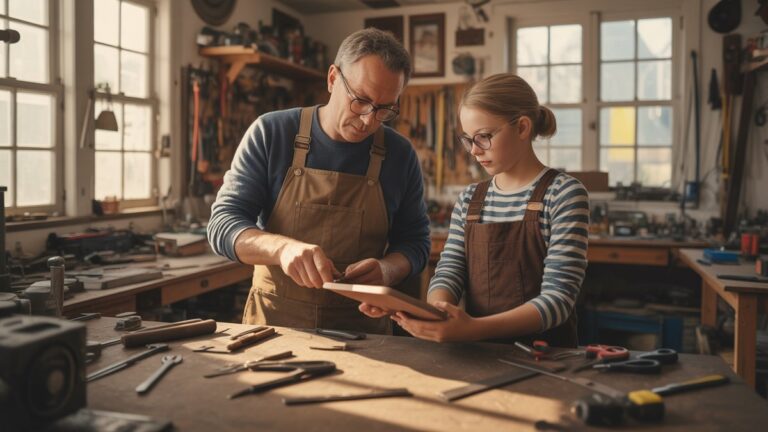Tėvas ir suaugęs vaikas, dirbantis kartu dirbtuvių garaže, apsuptas įrankių ir pomėgių įrangos, šiltos popietės saulės spindulių, transliuojančių pro langus, fotorealistinę, nostalgišką atmosferą.
