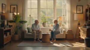 Ramus, saulės nudegintas namų interjeras, vyresnė pora subtiliai bendrauja su apgalvotai parinktais, praktiniais daiktais, praturtinančiais jų kasdienį komfortą, fotorealistinę, šiltą šviesą.