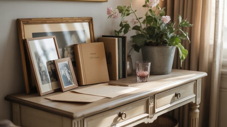 Saulėtekis, vintažinis medinis konsolės stalas, kuriame vaizduojama puoselėjamų, nesenstančių daiktų kolekcija - ranka rašytas laiškas, susidėvėjęs nuotraukų albumas, žydintis kambariniai augalai - iššaukianti ilgalaikę šeimos meilę ir apgalvotus prisiminimus, fotorealistinius.