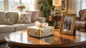 Fotorealistinis platus kviečiančio, saulės nudegusios svetainės kadras, kuriame yra elegantiška, apgalvotai suvyniota dovanų dėžutė ant poliruoto medinio stalo, netoliese įrėminta senovinė šeimos nuotrauka. Minkšta, šilta šviesa.