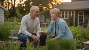 Vyresnė pora, kuri „Auksinę valandą“ linkusi savo gyvybingą namų sodą, dalijantis šypsenomis, šiluma ir rami draugija. Hiperrealistinė, švelni šviesa.