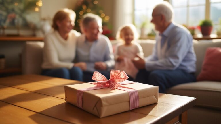 Gražiai suvyniota dovana yra ant saulės nudeginto medinio stalo jaukiame namuose, minkšto fokusavimo fone, kuriame yra kartų šeimos ryšys, realus, šiltas auksinis valandos apšvietimas.