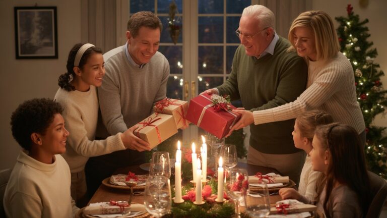 Daugybė kartų šeima susirinko aplink gražiai pastatytą pietų stalą, keičiantį apvyniotas dovanas, šiltas žvakių šviesos šviečiančias tikras šypsenas ir apkabinimus, fotorealistinę širdį šildančią šeimos šventės sceną.