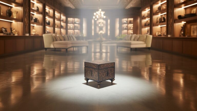 Turtingas, erdvus interjeras demonstruoja gausų prabangių daiktų. Viena, nuolanki, sudėtinga ranka pagaminta medinė dėžutė skleidžia minkštą, eterinį spindesį, kuris rodo unikalią, asmeninę patirtį. Fotorealistinis, platus kadras, kviečiantis šviesa.