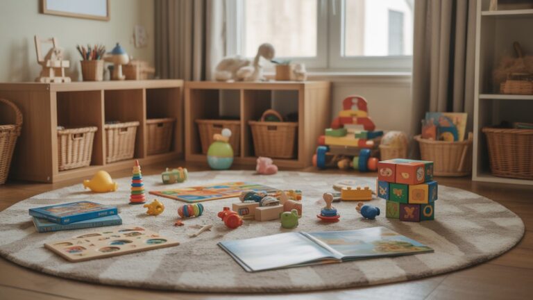 Spalvingi vaikų žaislai ir mokomosios dovanos, išsibarsčiusios per jaukias žaidimų kambario grindis, medinius blokus, meno reikmenis, knygas, galvosūkius, sukuriančius kviečiančią mokymosi aplinką, natūralų langų apšvietimą, fotorealistinį.