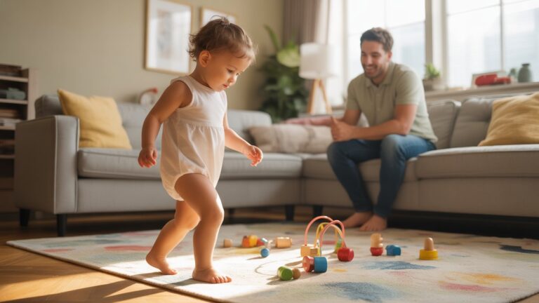 Mažylis žengia pirmuosius žingsnius link spalvingų medinių žaislų, išsibarsčiusių per saulės apšviestą gyvenamąją kambario grindis, tėvai išdidžiai stebi iš jaukios sofos, šiltos popietės šviesos, fotorealistinės šeimos momento.