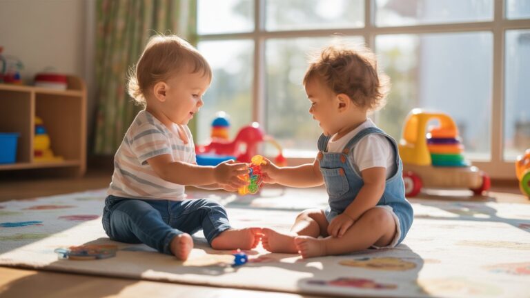 Du energingi maži vaikai, žaidžiantys kartu su spalvingais edukaciniais žaislais, išsibarsčiusių per ryškias žaidimų kambario grindis, natūralios saulės spindulių srautai, transliuojami per didelius langus, fotorealistinę vystymosi mokymosi aplinką, šiltą kviečiančią atmosferą.