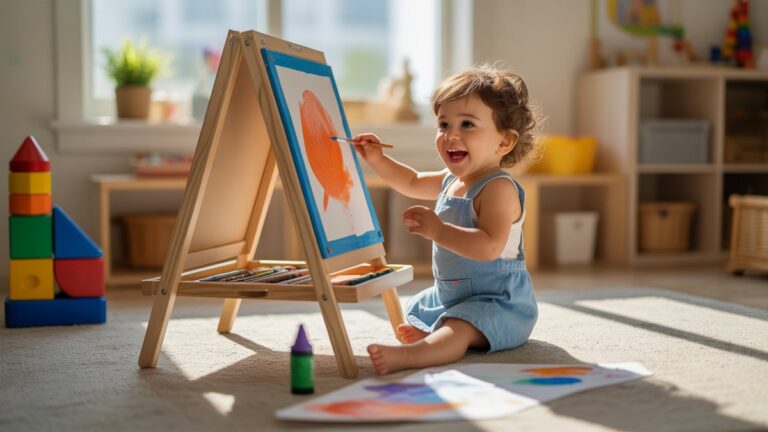Kūrybingi 3–4 metų vaikų tapyba mediniame molberte, apsuptas meno reikmenų, pieštukų ir statybinių blokų saulės pliūpsnio žaidimų kambaryje, džiaugsminga išraiška, fotorealistinės vaikystės kūrybiškumo scena.