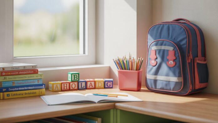 Ryškus klasės kampelis su mediniu stalu, kuriame eksponuojamos edukacinės knygos, spalvingi abėcėlės blokai, pieštuko dėklas ir kuprinės, minkštas natūralus apšvietimas, transliuojamas pro langą, fotorealistinės mokyklos paruošimo scena.