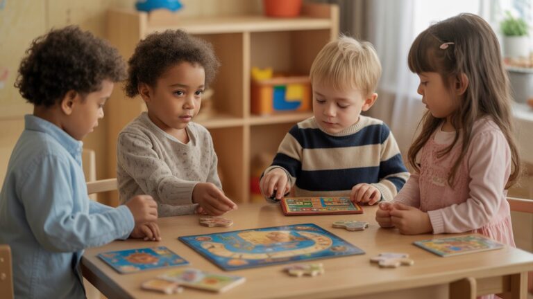 Penkerių ir šešerių metų vaikai, užsiimantys strateginiais stalo žaidimais ir dėlionių sprendimo veikla aplink medinį stalą, apsuptą edukacinių žaislų, skatinančių kritinį mąstymą, šiltą natūralų apšvietimą, fotorealistinę vystymosi sceną.