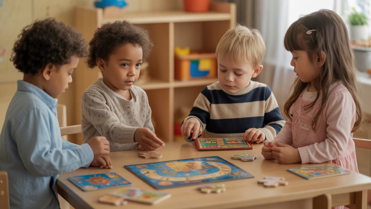 Penkerių ir šešerių metų vaikai, užsiimantys strateginiais stalo žaidimais ir dėlionių sprendimo veikla aplink medinį stalą, apsuptą edukacinių žaislų, skatinančių kritinį mąstymą, šiltą natūralų apšvietimą, fotorealistinę vystymosi sceną.
