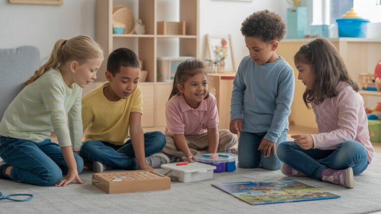 7–9 metų amžiaus pradinių klasių vaikai tyrinėja interaktyvius mokslo rinkinius, stalo žaidimus ir meno reikmenis ryškioje šiuolaikinėje žaidimų kambaryje, įvairialypėje grupėje bendradarbiaudamas, natūralioje dienos šviesoje, fotorealistinėje šiuolaikinės vaikystės mokymosi aplinkoje.