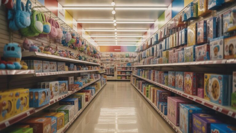 Spalvinga žaislų parduotuvės praėjimas demonstruoja amžių atitinkančias dovanas nuo „Baby Rattles“ iki paauglių įtaisų, organizuojamų pagal vystymosi scenas, ryškų viršutinį apšvietimą, fotorealistinę mažmeninės prekybos fotografiją, plačią perspektyvą.