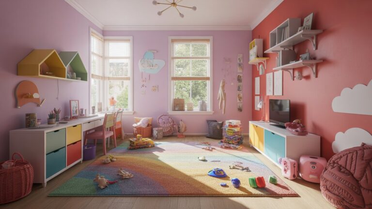 Ryškus vaikų miegamasis, išsibarstęs su spalvingais žaislais, meno reikmenimis, žaidimų prietaisais ir madingais aksesuarais per vaivorykštės kilimą, natūralią dienos šviesą transliuojant pro langus, fotorealistinę žaismingą atmosferą.