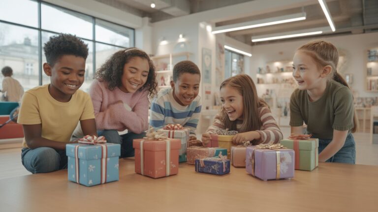 Įvairi laimingų vaikų ir paauglių grupė, užsiimanti įvairiomis interaktyviomis, stimuliuojančiomis dovanomis ryškiai apšviestoje, šiuolaikinės veiklos centre, fotorealistiniame, plačiame šūvyje.