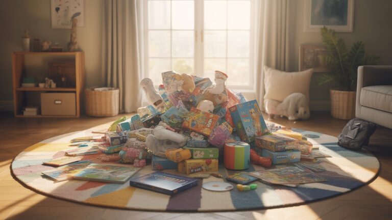 Vaizduojamasis, spalvingas įvairių, žaismingų vaikų ir paauglių dovanų sprogimas, pavyzdžiui, technikos įtaisai, meno reikmenys ir stalo žaidimai, išsibarstę ant ryškių, saulės apšviestų grindų, fotorealistinių, plačiai.