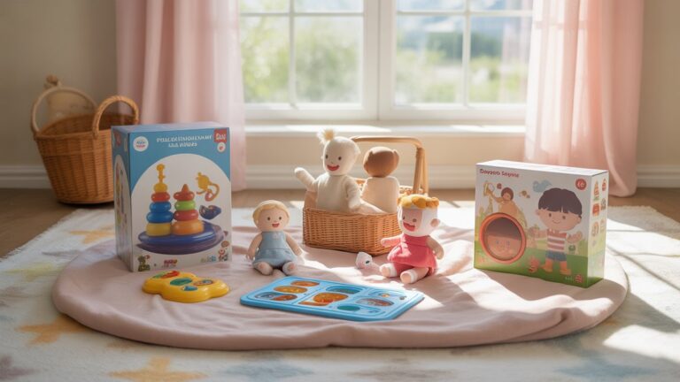 Spalvingi vaikų žaislai ir mokomosios dovanos rinkiniai, meniškai išdėstyti ant minkštos pastelinės antklodės, natūralios dienos šviesos transliacijos per langą, fotorealistinė scena, pabrėžianti džiaugsmą ir mokymosi raidą.