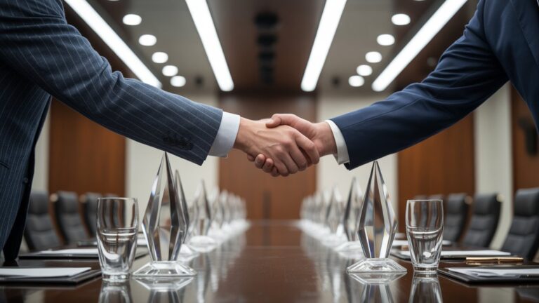 Vykdomosios posėdžių salės rankos paspaudimo momentas su aukščiausios kokybės dovanų pristatymo ceremonija, krištolo apdovanojimai ir prabangos daiktai ant poliruoto stalo, dramatiškas kryptinis apšvietimas, fotorealistinė korporatyvinė atmosfera.