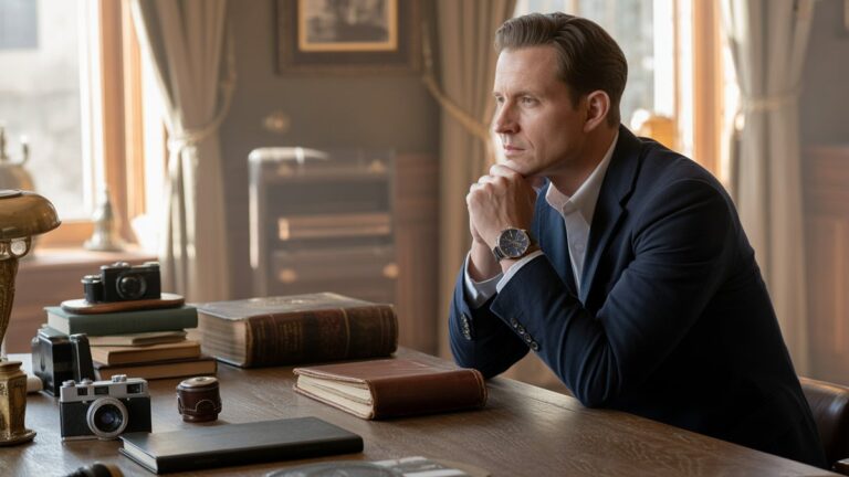 Fotorealistinis platus mąstančio vyro kadras, stebint subtiliai kuruojamą įvairių, aukštos kokybės daiktų kolekciją-senovinę kamerą, susidėvėjusią odinę knygą, aptakų laikrodį, kuriame yra rafinuotame, saulės apšviestoje tyrime, kinematografiniame apšvietime.