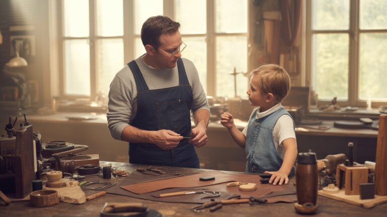 Šiuolaikinė tėvo ir sūnaus dirbtuvių scena su senoviniais odos įrankiais, amatų reikmenimis ir rankų darbo mediniais daiktais, išsibarsčiusiais ant darbo stalo, šiltas natūralus apšvietimas, transliuojamas pro langus, fotorealistinis lauko gylis.
