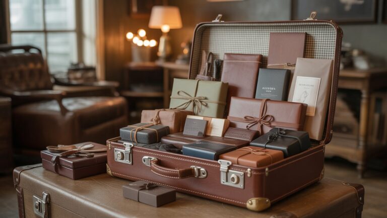 Atviras, vintažinis odinis lagaminas, paplitęs su įvairiais mąstančiomis, aukštos kokybės dovanomis vyrams, minkšta šilta šviesa, fotorealistinis, platus kampas.