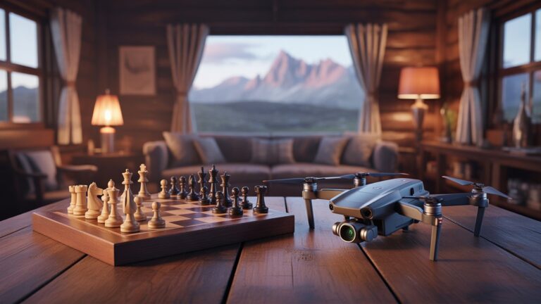 Kaimiškas salono interjeras, maudomas šiltu spinduliu, kuriame yra klasikinis šachmatai, komplektuojami kartu su aptakiu dronu, per langą matoma tolima kalnų vaizdas, kinematografinis, fotorealistinis.